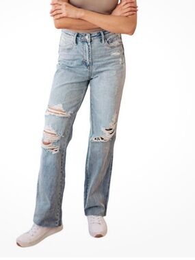 Distressed Light Blue Straight Leg Women's Jeans